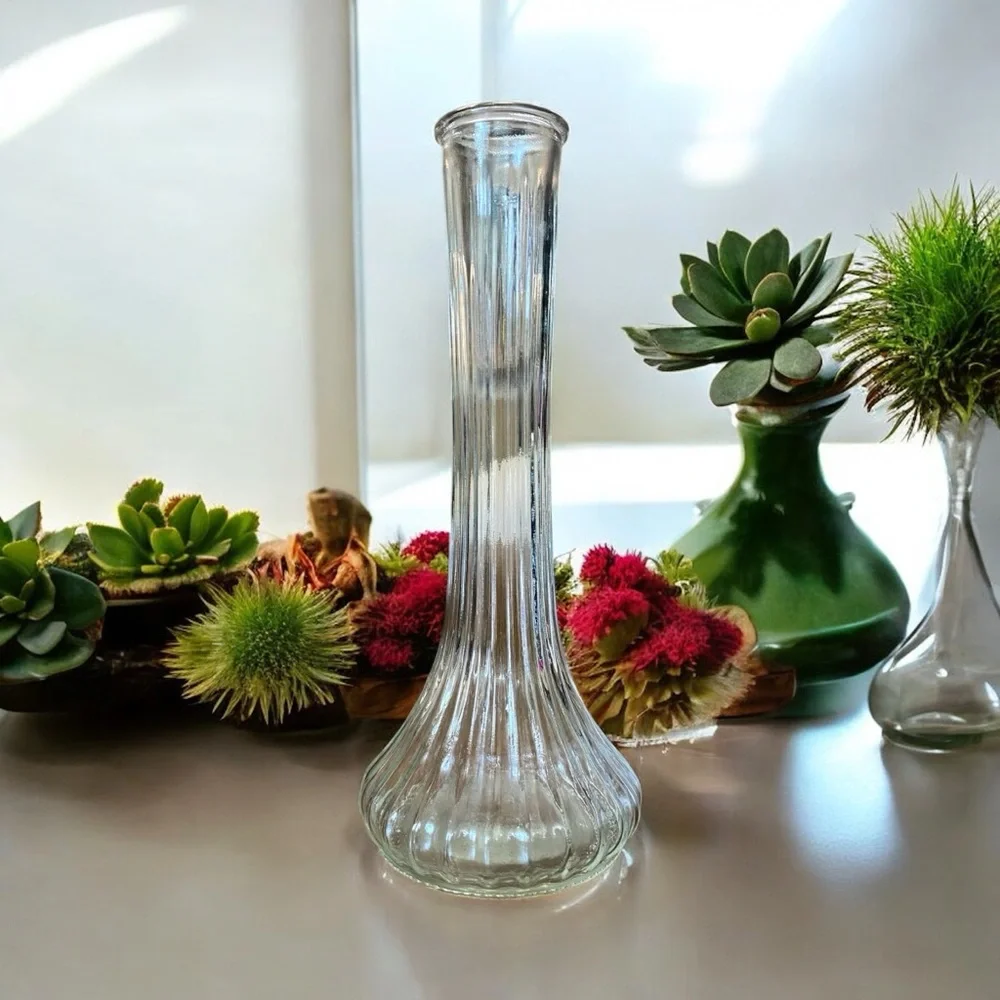 Vintage Hoosier Glass Clear Ribbed Bud Vase 9” #4096 MCM